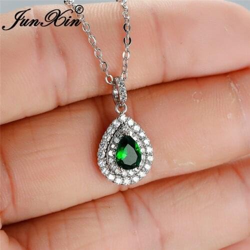 Multicolor Crystal Water Drop Pendant Clavicle Necklaces For Women Silver Color Pear Green Blue Red Zircon Wedding Necklace
