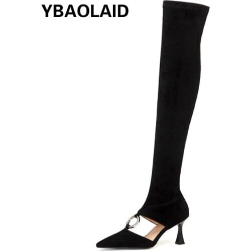 Sexy Pointed Leather Rhinestone Hollow Stretch Stiletto Over The Knee Boots Women New Fashion Summer Boots Nightclub Boots