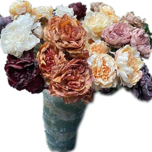 5pcs Retro Color Silk Peony Flower 3 Heads Oil Painting Effect Peony Branch for Wedding Home Party Floral Decoration