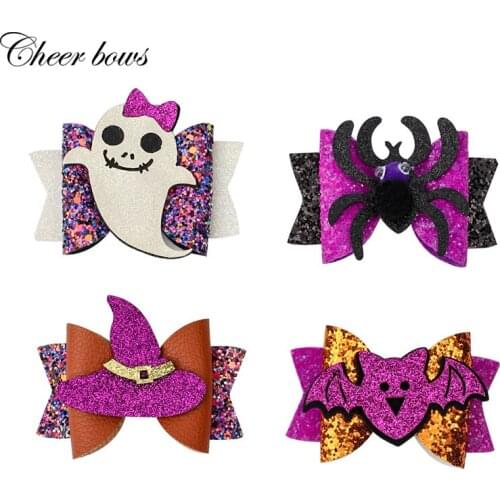 Cheer Bow 3" Cartoon Hair Bows Glitter Halloween Bat Ghost Spider Hairgrips Clips For Girls Kids Party Hairpins Accessories
