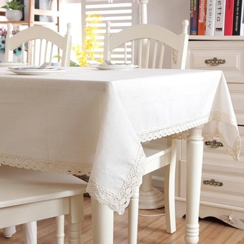 Christmas Linen Cotton Thicken Solid Tablecloth White Lace Hem Splice Washable Coffee Dinner Table Cloth for Wedding Banquet