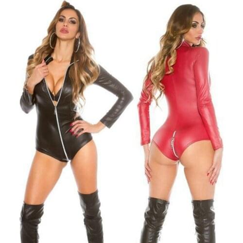 Sexy wetlook Lingerie Women Latex Catsuit Faux Leather Front Zipper Crotch Bodysuit Fetish Costumes Erotic Body Suit Plus Size