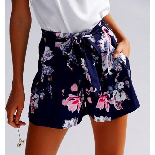 New Women Bohemian Elastic Lacing up Tassel Waist Print Flower Shorts Pink Ethnic Short Pants Trousers Femme Casual Pants