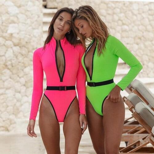 Sexy One Piece Swimsuit With Long Sleeve 2020 New Solid Swimwear Monokini Bathing Suit Beach Wear Bodysuit Two Piece Suits