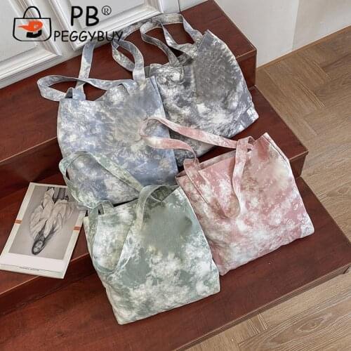 Versatile Retro Soft Canvas Bag Shopping Bag Foldable Fashion Women Tie Dye Printing Canvas Large Capacity Tote Handbags