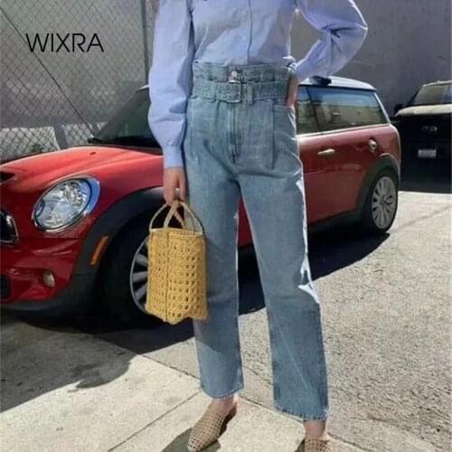 Wixra Womens 2021 New Button Zipper Pockets Adjustable Denim Sashes Full Length Pant Ladies Loose Straight Casual Jeans