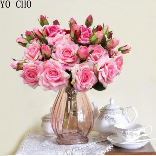 YO CHO Artificial Flowers Roses Peonies Silk Artificial Roses Pink Red White Wedding Bouquets Home Party Decoration Fake Flowers