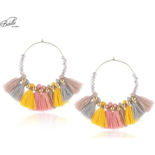 Badu Bohemian Big Earring Beaded Colorful Tassel Hoop Earrings for Women Mother Gift Statement Jewelry Holiday Ornament Handmade