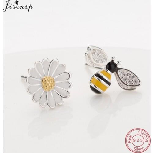 Jisensp Genuine 925 Sterling Silver Lovely Bee Animal Stud Earrings for Women Fine Jewelry Trendy Plant Earrings Party Bijoux
