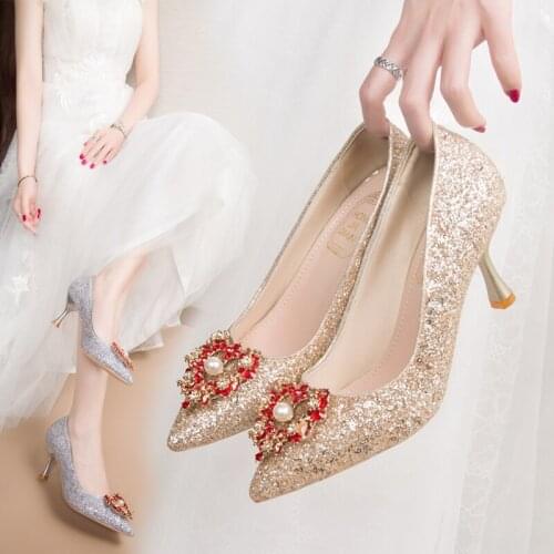 2021 Women New Bridal Shoes Shallow Square Buckle Diamond High Womens Thin Heels Sequins Pointed Single Shoes All-match