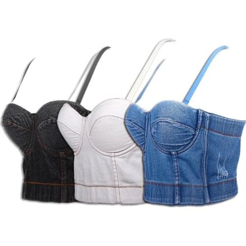 Women Summer Sleeveless Crop Top Retro Denim Push Up Bustier Detachable Spaghetti Straps Camis Corset Night Club Vest