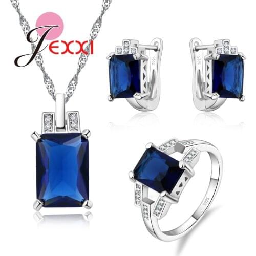 Women 925 Sterling Silver Jewelry Sets Accessory Fashion Blue CZ Pendant Necklace Ring Set For Brides Jewellery
