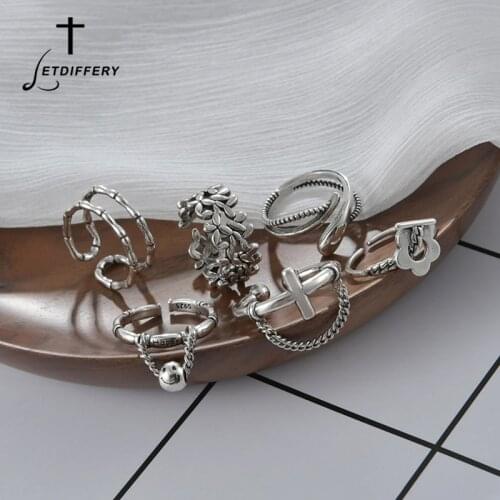 Letdiffery Vintage Stainless Steel Women Opening Rings Silver Color Flower Cross Smiley Shape Irregular Femme Jewelry
