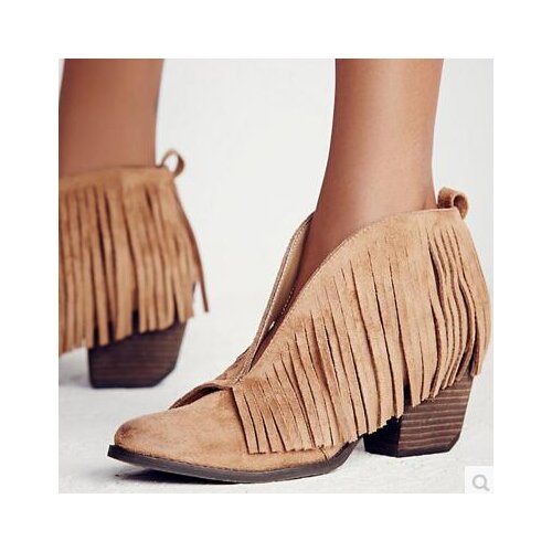 2017 fashion women tassel boots suede leather ankle bota slip on sexy thick heel fringe booties poin toe dress shoes