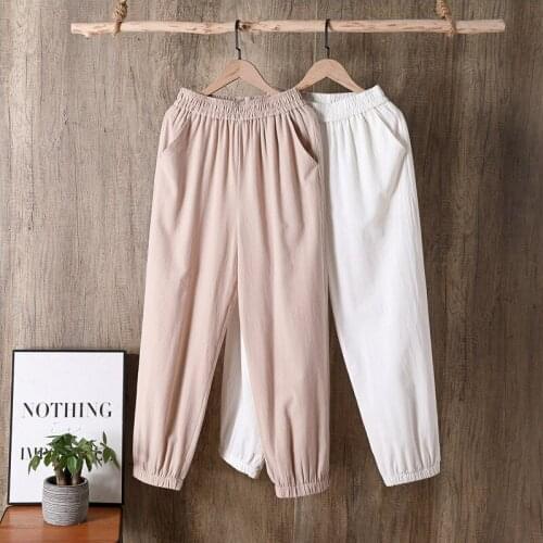 2021 Spring Summer Woman Cotton Linen Plus Size Pants Elastic Waist Solid Harem Pants Ankle-length Trousers Bloomer Pencil Pants