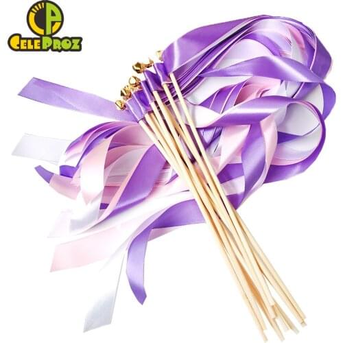 50Pcs Ribbon Wands Lilac Pink Twirling Streamers Wedding Delicate Ribbon Fairy Stick Cheer Props Party Supply Favors With Bells