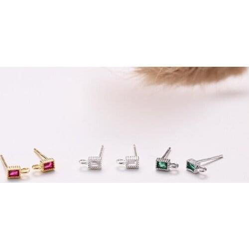 925 Sterling Silver Earring Findings Post Studs CZ Square Closed Loop DIY Jewelry A1503
