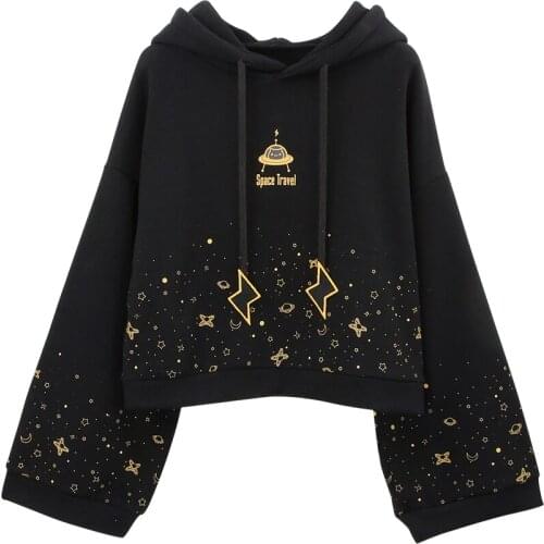 Black Sweatshirt Women Flare Sleeve Harajyku Hoodies Japanese Lolita Girls Hoodie Space Print Sweatshirts Pollovers