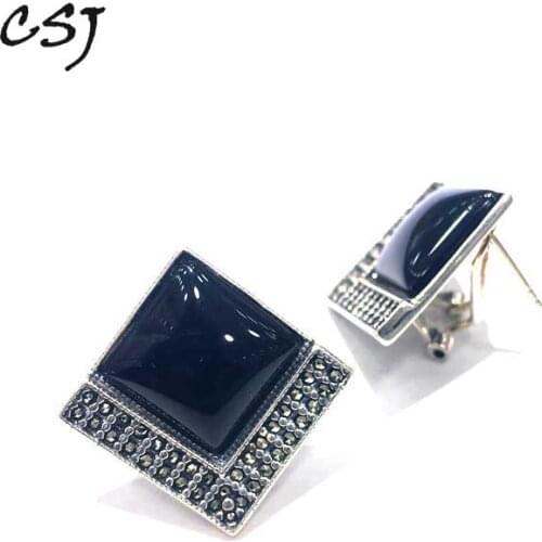 CSJ Natural Black Agate Earrings Real 925 Silver Fine Charm Jewelry for Women Gift