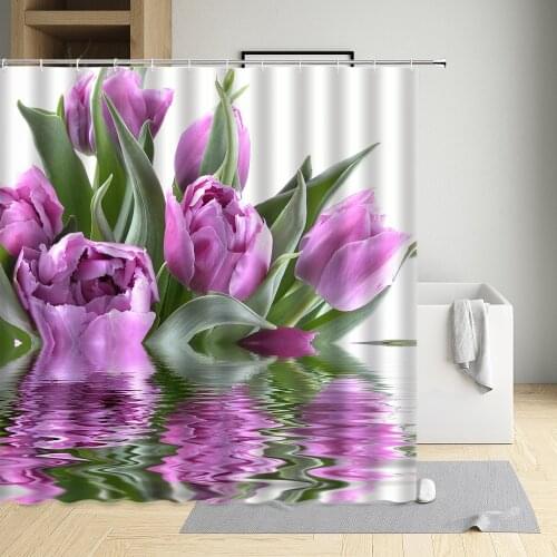 Flower Shower Curtains Peony Lotus Yellow Lily Rose Tulip Sunflower Romantic Water Ripple Home Bath Decor washable With Hooks