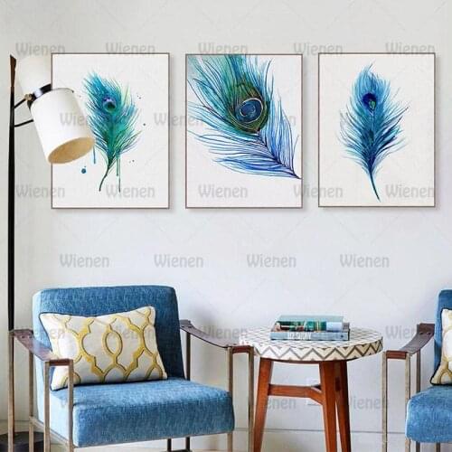 Canvas Painting Watercolor Blue Peacock Feather Nordic Living Room Wall Art Prints Pictures Home Decor Canvas Painting No Frame