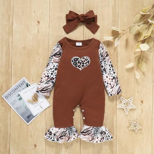 2pcs Baby Girls Boys Outfit Fashion Leopard Heart Print Splicing Long Sleeve Round Collar Romper Jumpsuit + Headwear Set