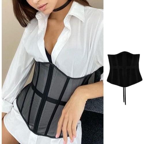 Women Sexy Sheer Mesh Underbust Corset Top Crisscross Lace-Up Bandage Bustier Slimming Waist Belt Cincher Body Shaper