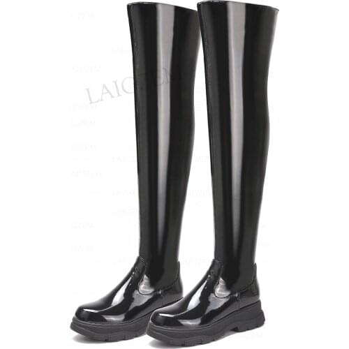 LAIGZEM Women Over Knee High Boots Stretchy Full Zip Up Low Thick Heels Botines Shiny Female Ladies Shoes Woman Size 41 42 43
