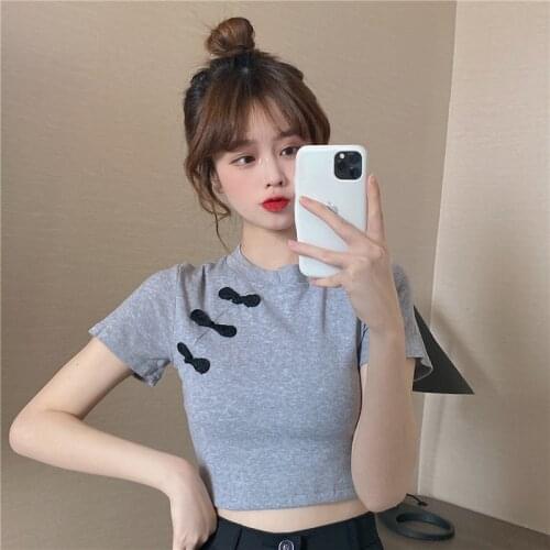 Summer new short T-shirt women retro disc button short-sleeved slim T-shirt trendy Chinese style