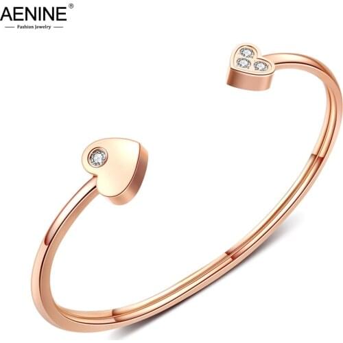 AENINE Trendy Stainless Steel Love Heart Open Bracelet Bangle For Women Office Style CZ Crystal Female Bracelet Jewelry AB17077