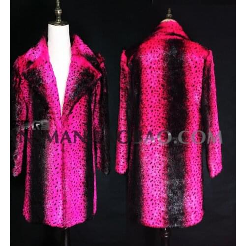 Bar Nightclub Men women Singer Fluorescent Pink Leopard long Fur Coat Party Show Stage Dance Performance Jacket