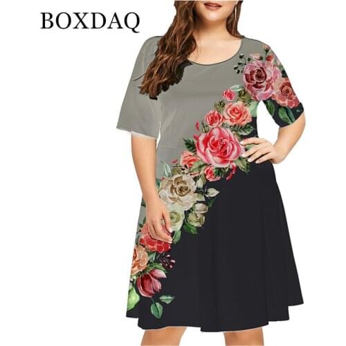 4XL Oversized Summer Boho Flower Print Dress Women Short Sleeve Loose Plus Size Dresses Casual O-Neck Female Vintage Dress 2021