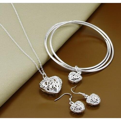 New Style 925 Sterling Silver Heart Shaped Ball Necklace Bracelet Earring Set For Women Engagement Party Wedding Fashion Charm J