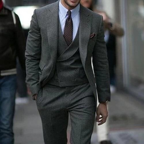 Gray Tweed 30%Wool Blend Men Suits For Wedding Peaked Lapel Blazer 3 Piece Tuxedos Jacket&Vest&Pants 2021 Male Fashion Clothing