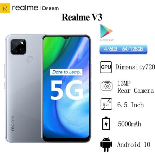 Realme V3 5G Mobile Phone Dimensity 720 Octa Core 6.5" Display 5000mAh Battery 18W Fast Charger Fingerprint Cellphones