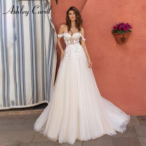 Ashley Carol A-Line Wedding Dress 2021Romantic Sweetheart Backless Cap Sleeve Bride Beading Appliques Flowers Beach Bridal Gowns