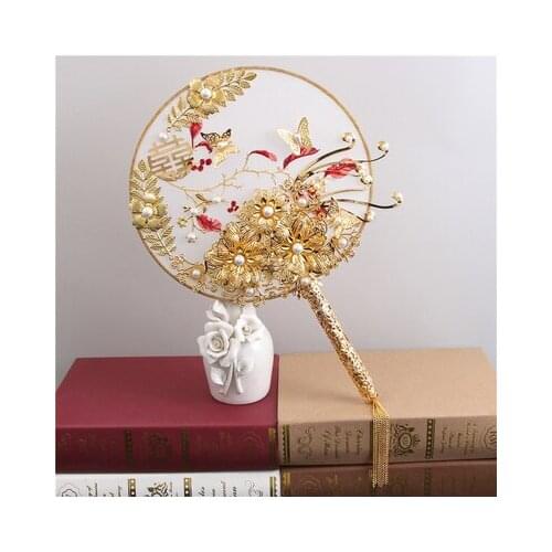 Luxury Chinese Gold Phoenix Bridal Fan Bouquets Classic Handmade Metal Round Hand Fan Business Gift Wedding Accessories