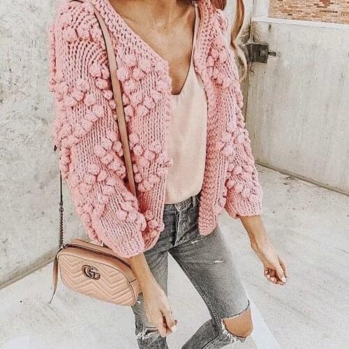 Oversized Lantern Sleeve Crochet Jumper Loose Female Cardigan Coats Autumn Winter Pompon Women Knitted Cardigans
