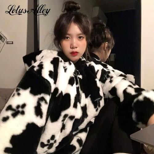 Cow Print Hoodies Sweatshirt Harajuku Autumn Winter Clothes Women Zip Up Coat Vintage Ladies Clothing Black White Woman Hoodie