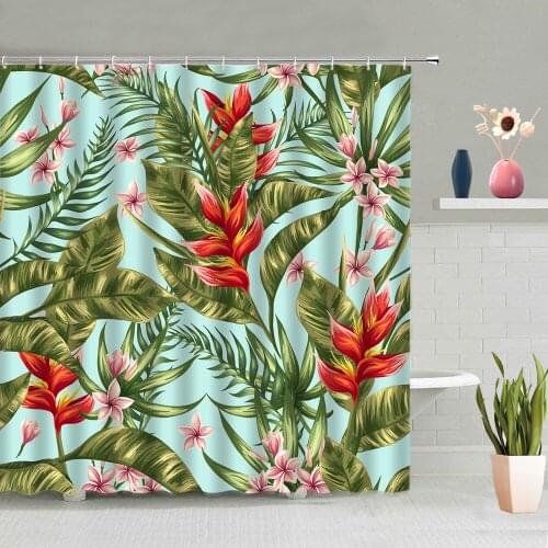 Green Leaves Shower Curtain Hand-Painted Tropical Plants Flowers Bathroom Decoration Bath Curtains Washable Home Decor With Hook