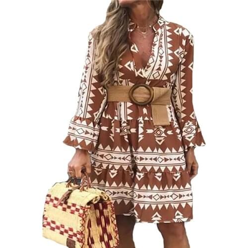 Summer Women Bohemian Flare Sleeve Sundress Spring Geometric Printed Mini Dress Femme Robe 2021 Party Holiday Dresses Vestidos