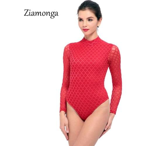 Ziamonga Perspective Long Sleeve Black Sexy Bodysuit Women Overalls Mesh Patchwork Bodycon Jumpsuit Fashion Sexy Club Body Suit
