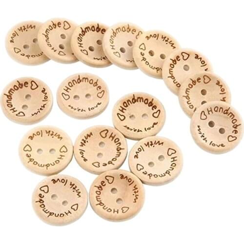50PCS Wooden Handmade Buttons with Love Round Shap Crafts 2 Holes DIY Craft Sewing Clothes Jacket Blazer Sweaters Jeans Decorate
