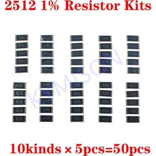 50pcs 2512 Chip Resistor Samples kits 10 kinds*5pcs 1W SMD Resistor R001 R002 R005 R008 R010 R015 R020 R025 R050 R100 each 5pcs
