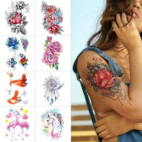 Watercolor flower temporary tattoo stickers Fox flamingo butterfly Waterproof fake tattoos Swan Unicorn Sticker tattoo for Woman
