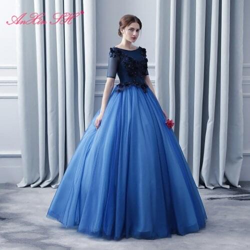 AXJFU Dinner princess lace evening dresses vintage boat neck blue rose flower evening dresses lace princess blue evening dress