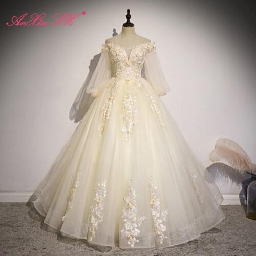 AnXin SH vintage princess champagne lace boat neck rose flower beading crystal half sleeve bride ball gown party evening dress