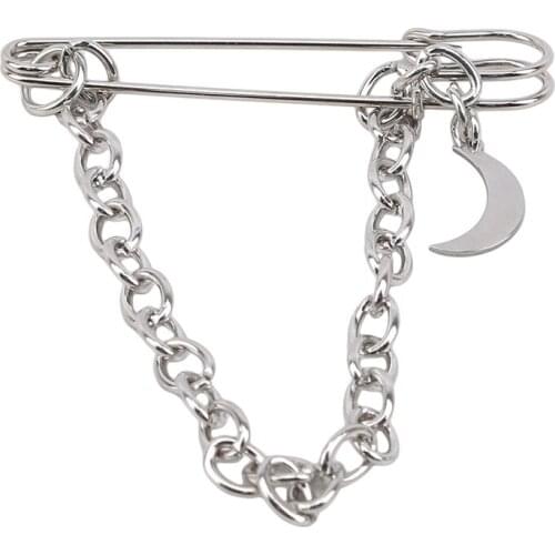 Korea Simple Sliver Street Fashion Pin Brooch Metal Pendant Chain Double Pin Brooch Hip Hop Punk Cool Chest Chain Men Women