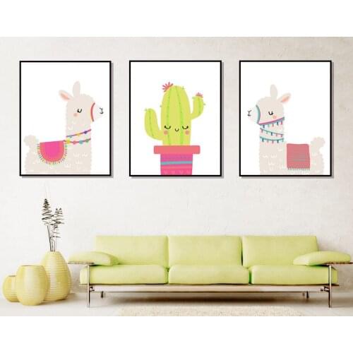 Nursery Decor Prints And Posters Cartoon Llama With Cactus Canvas Painting Cute Animal Alpaca Picture Baby Room Wall Decoration