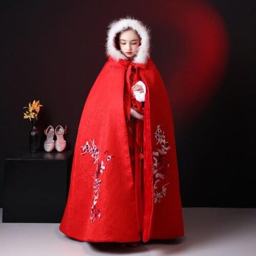 Girls Hanfu Red Cape winter new Embroidery Long Cloak Chinese Children Ancient Mantle Kids New Years Wear Keep Warm Christmas